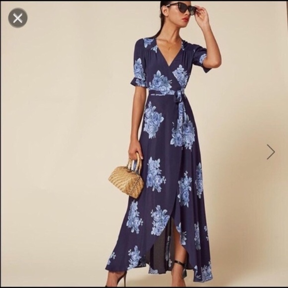 Reformation Addilyn maxi wrap dress in blue floral
